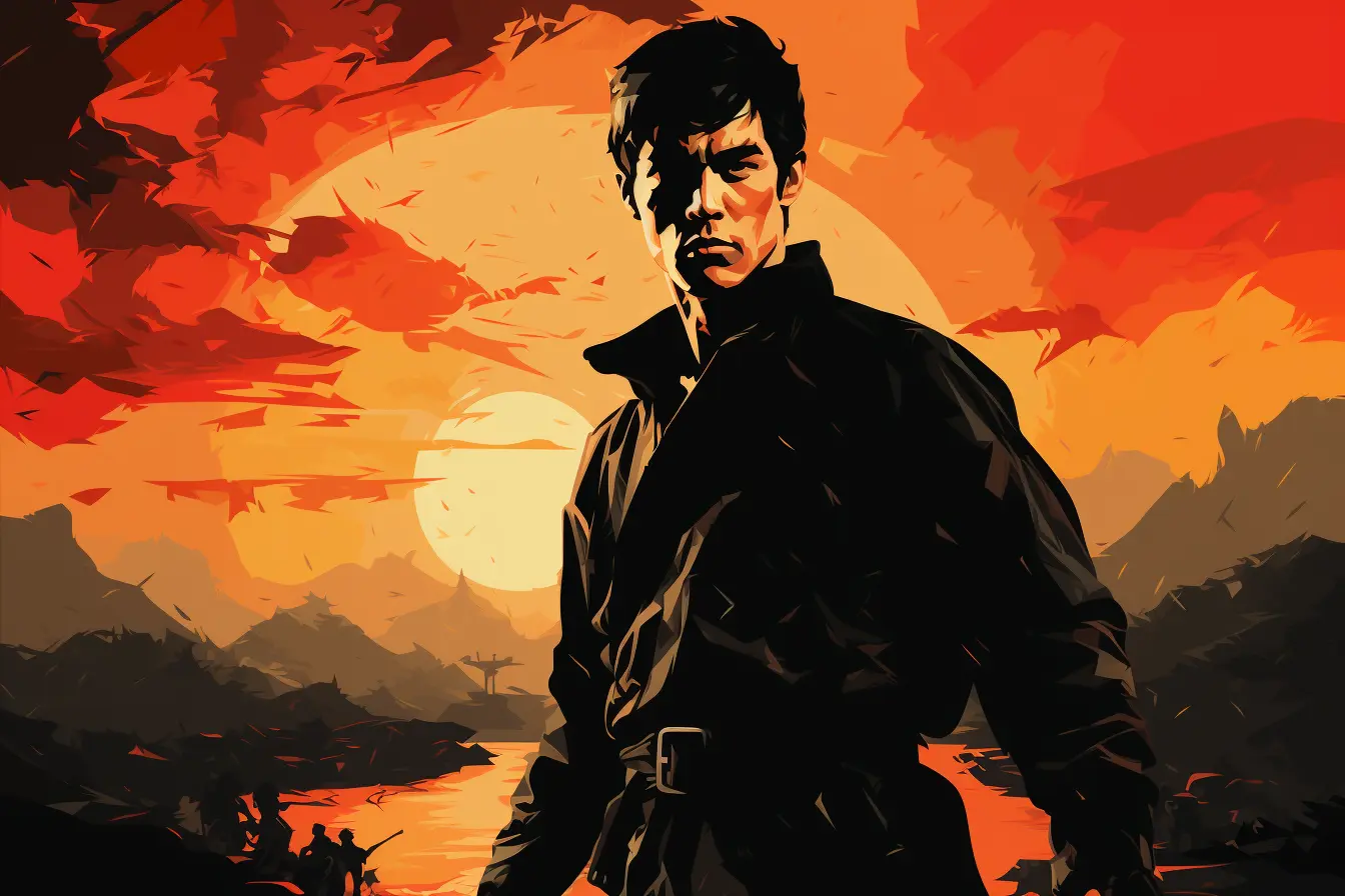 Vector Art Illustration of a Young Bruce Lee standing against a river and mountains backdrop in China