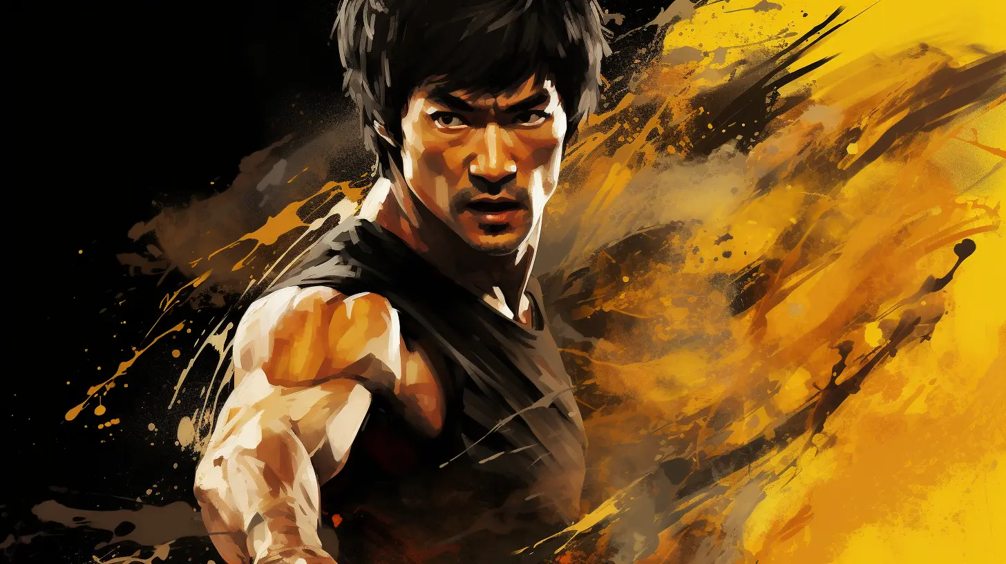 Artistic digital painting of Bruce Lee in a classic martial arts stance, highlighted by expressive yellow and black brushstrokes in the background that evoke a sense of dynamic action