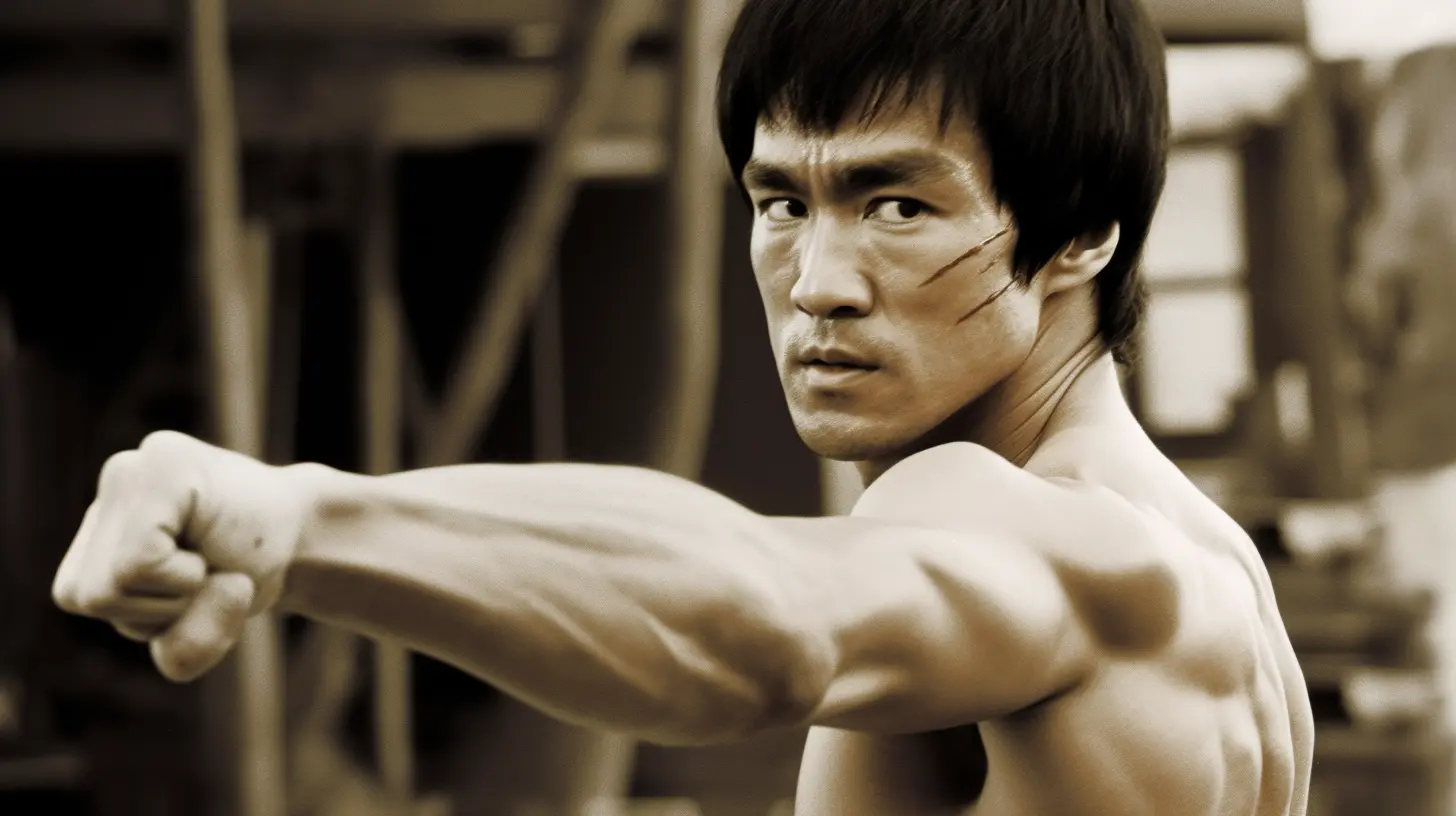 Sepia-toned image of Bruce Lee in a focused fighting stance, showcasing his muscular definition and intense expression, with a blurred background suggesting a cinematic setting