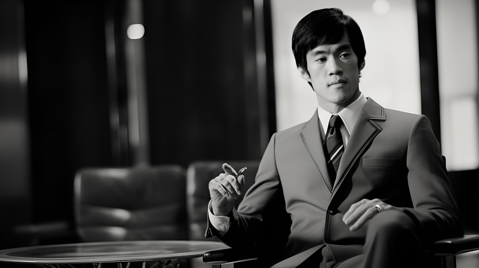 Black and white image of Bruce Lee in a sharp suit, sitting with a contemplative gaze, holding sunglasses, in a stylishly furnished room with soft lighting