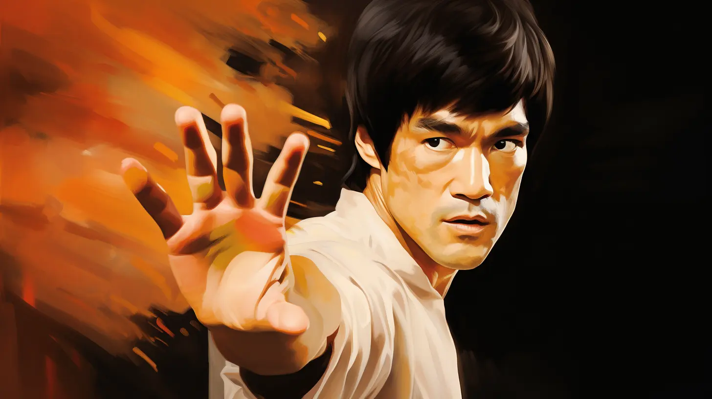 Vivid digital artwork of Bruce Lee in a defensive martial arts pose with his hand extended towards the viewer, set against a fiery orange backdrop, emphasizing strength and focus