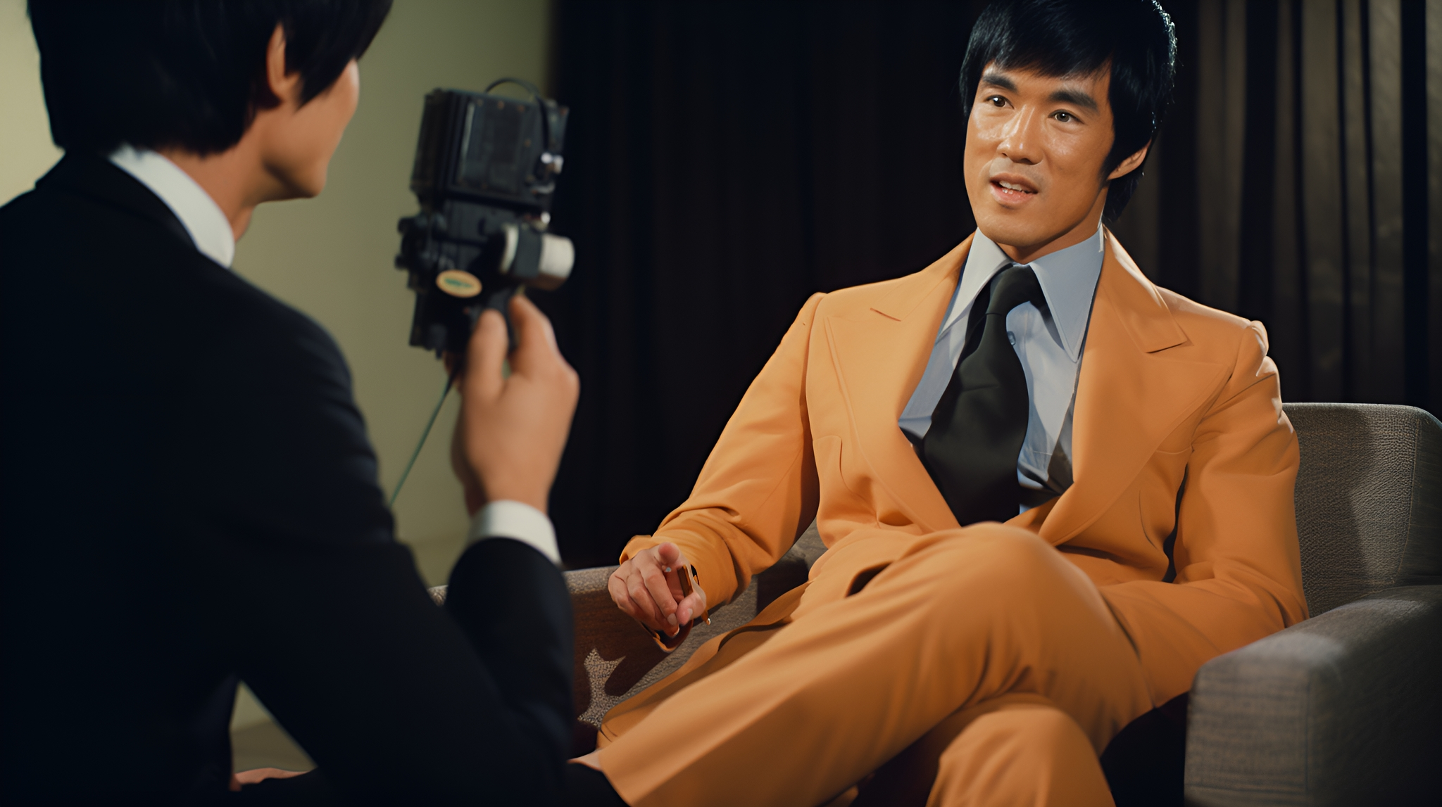 Candid still of Bruce Lee in a stylish orange suit, engaging in an interview