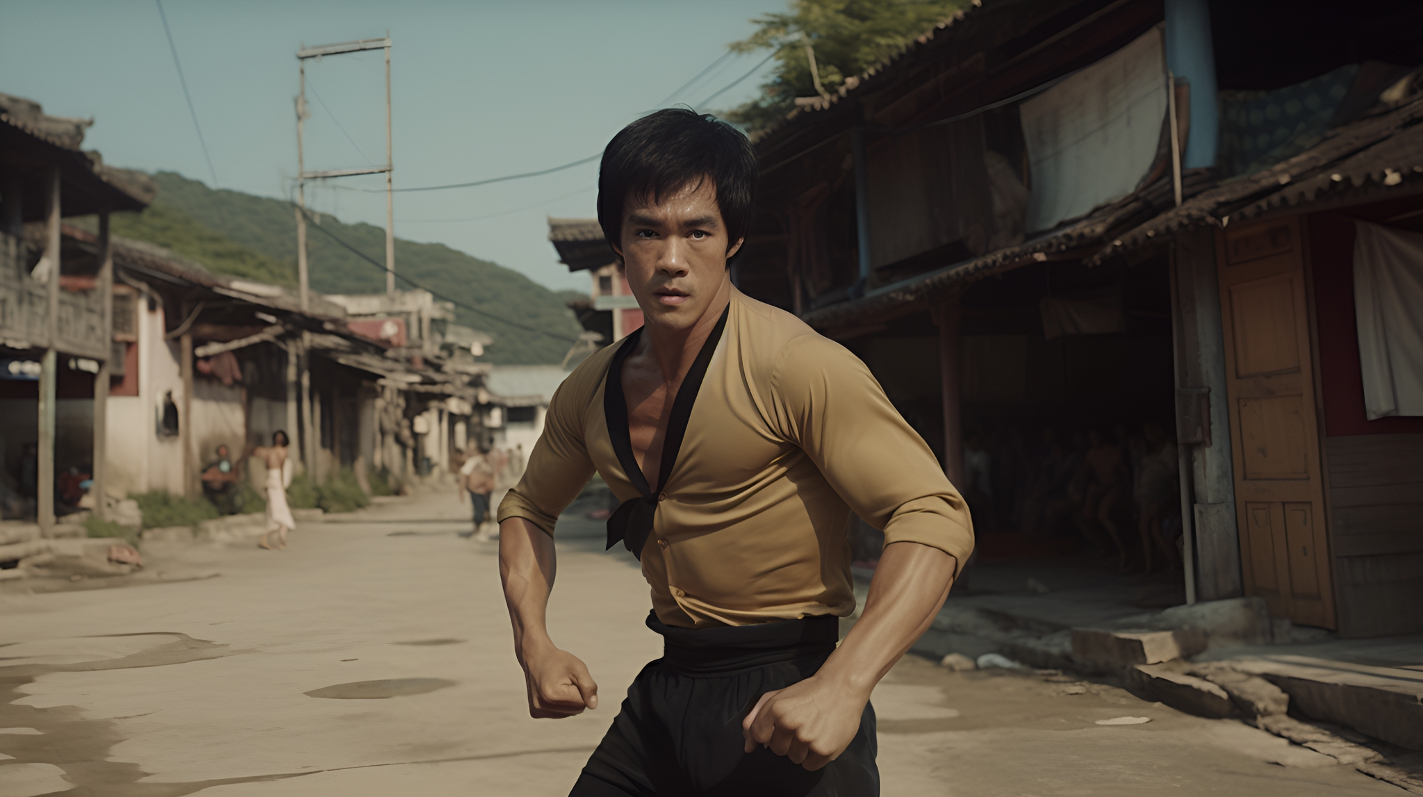 Cinematic still of Bruce Lee in motion, wearing a gold shirt and black pants, running through a traditional Chinese village street