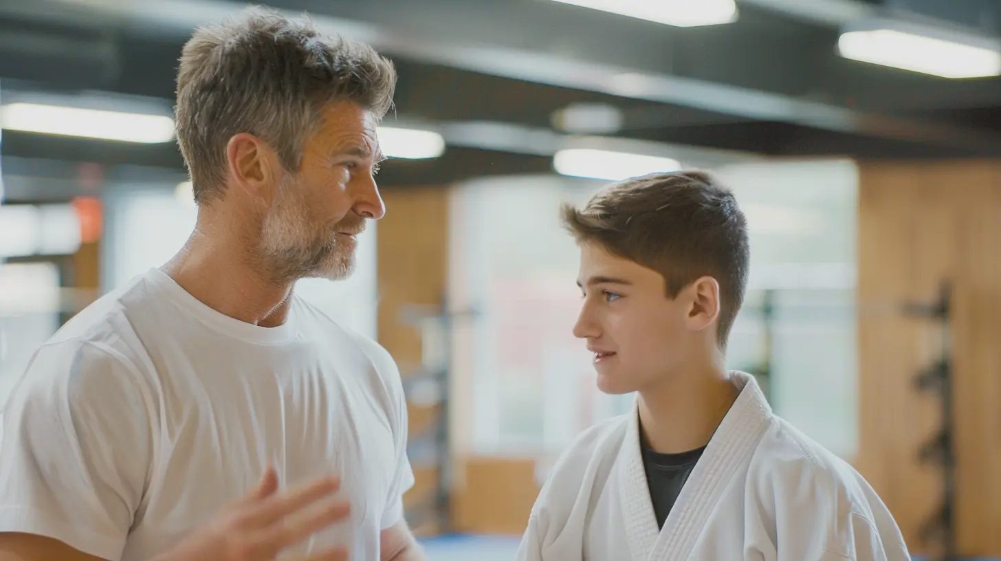 a martial arts instructor is having a candid conversation with a student
