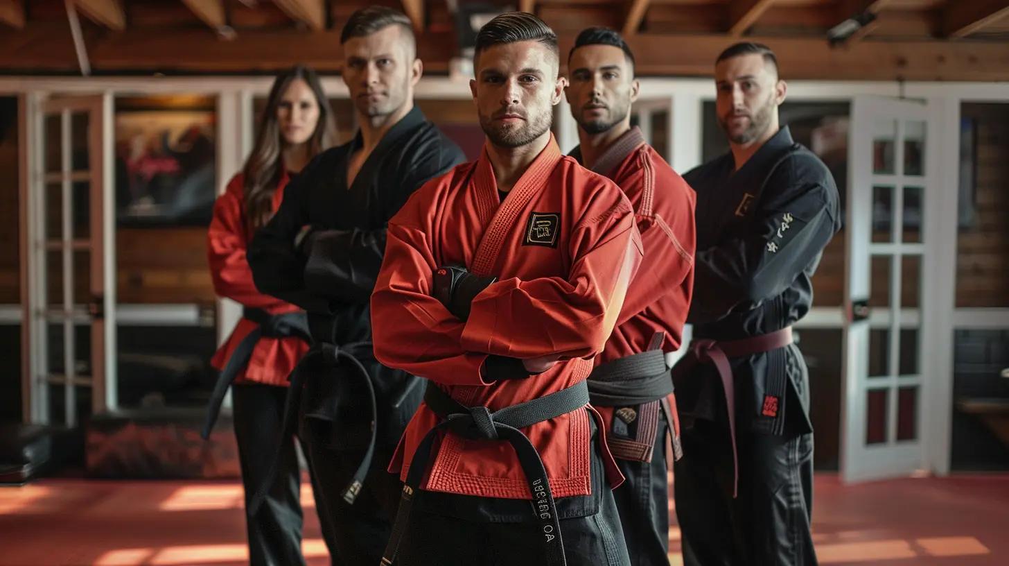 a stylized photograph of a team of martial arts instructors standing in a modern professional martial arts gym