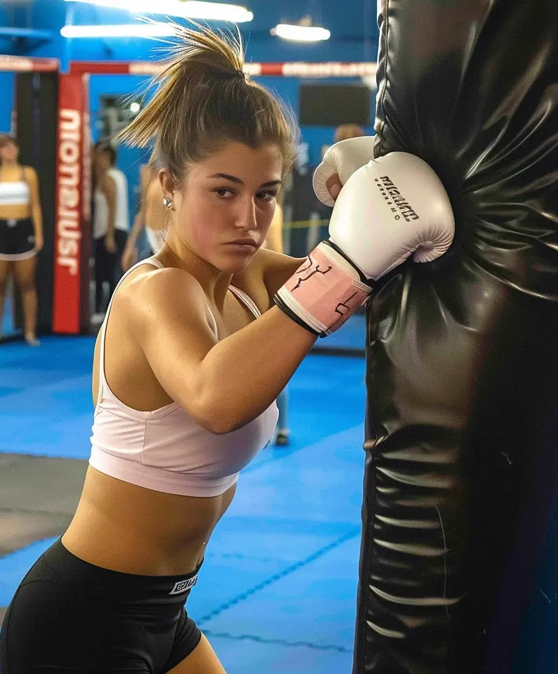 Female Kickboxer Working the Heavy Bag