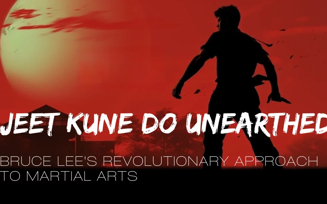 Blog Article Cover featuring black silhouette of martial arts figure standing against stylistic red and black village background with rising sun on the horizon